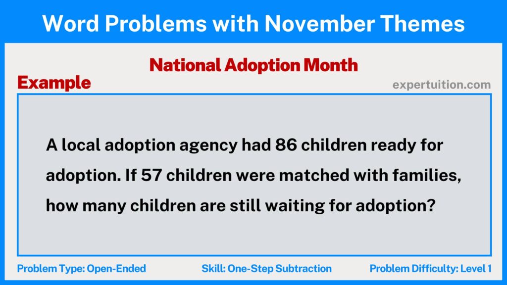 one-step subtraction word problems 3rd 4th 5th grade with National Adoption Month theme for November