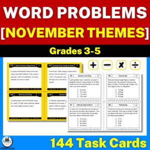 one-step and multi-step word problems all operations with November themes task cards