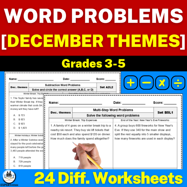 one-step multi-step word problems all operations with December themes worksheets