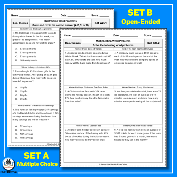one-step and multi-step word problems with December themes worksheets