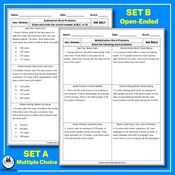 one-step and multi-step word problems all operations worksheets with January themes (2)