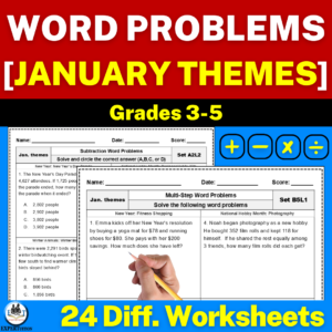 one-step and multi-step word problems all operations worksheets with January themes