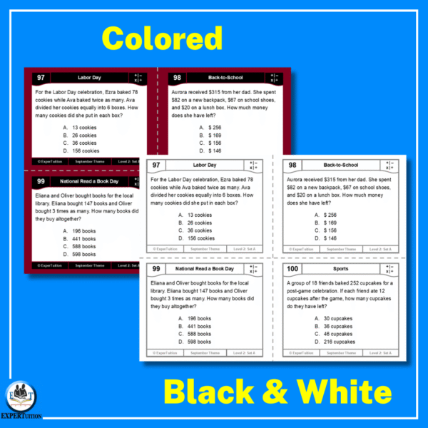 one-step and multi-step word problems all operations with September themes task cards