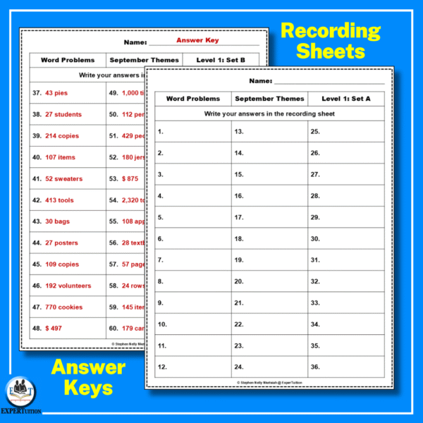 one-step and multi-step word problems all operations with September themes task cards