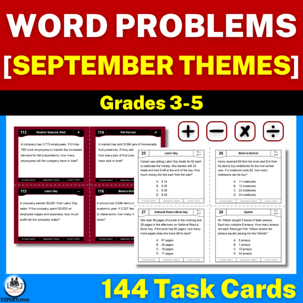 One & Multi Step Word Problems Task Cards – September Themes