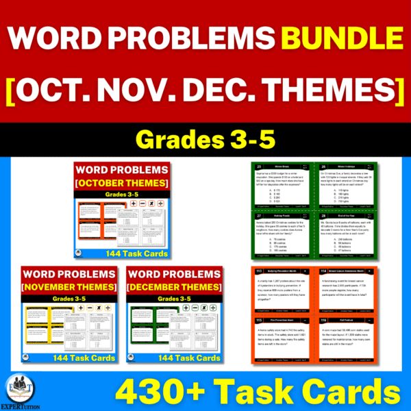 one-step multi-step word problems all operations task cards with Oct Nov Dec themes