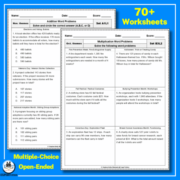 one-step multi-step word problems all operations with Oct Nov Dec themes