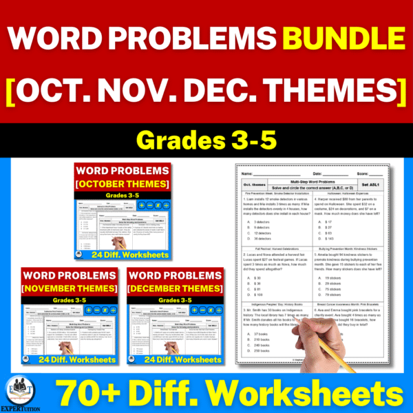 one-step multi-step word problems all operations with worksheets Oct Nov Dec themes