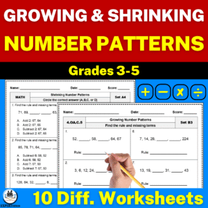Growing and shrinking number patterns worksheets 3rd, 4th, 5th grades