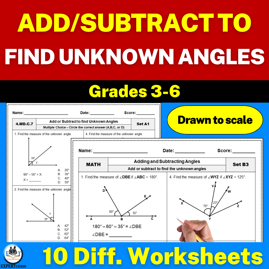 additive angles - adding and subtracting angles to find unknown angles worksheets