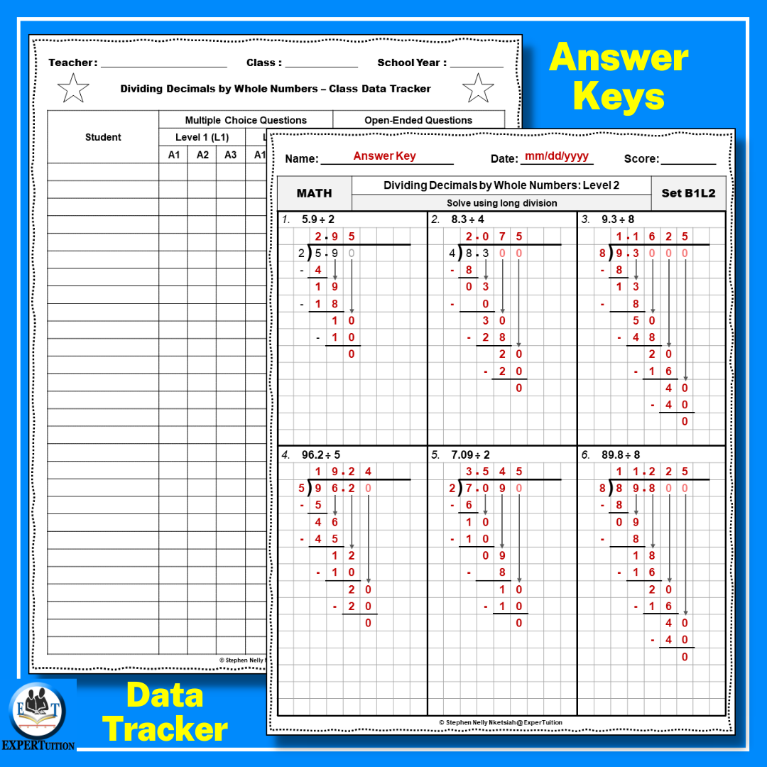 divide decimals by whole numbers long division worksheets