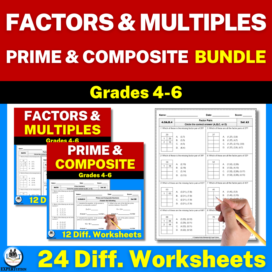 factors and multiples, prime and composite numbers worksheets 4th, 5th, 6th grades