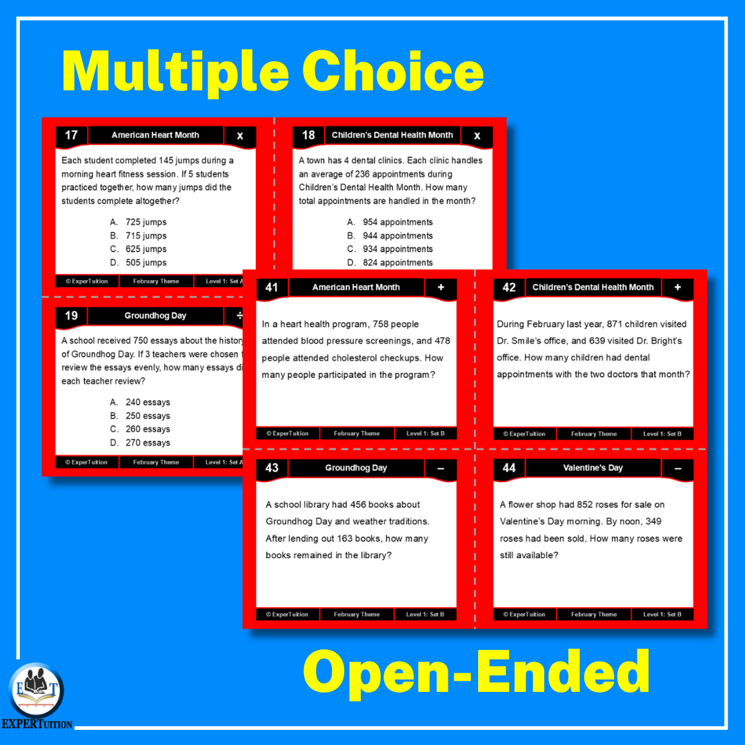 one-step and multi-step word problems all operations with February themes task cards
