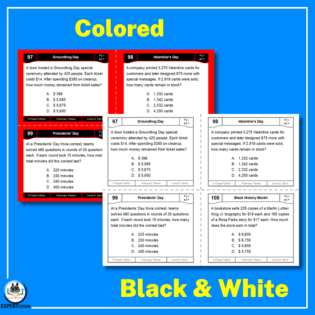 one-step and multi-step word problems all operations with February themes task cards