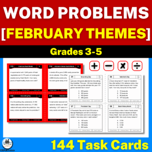one-step and multi-step word problems all operations with February themes task cards