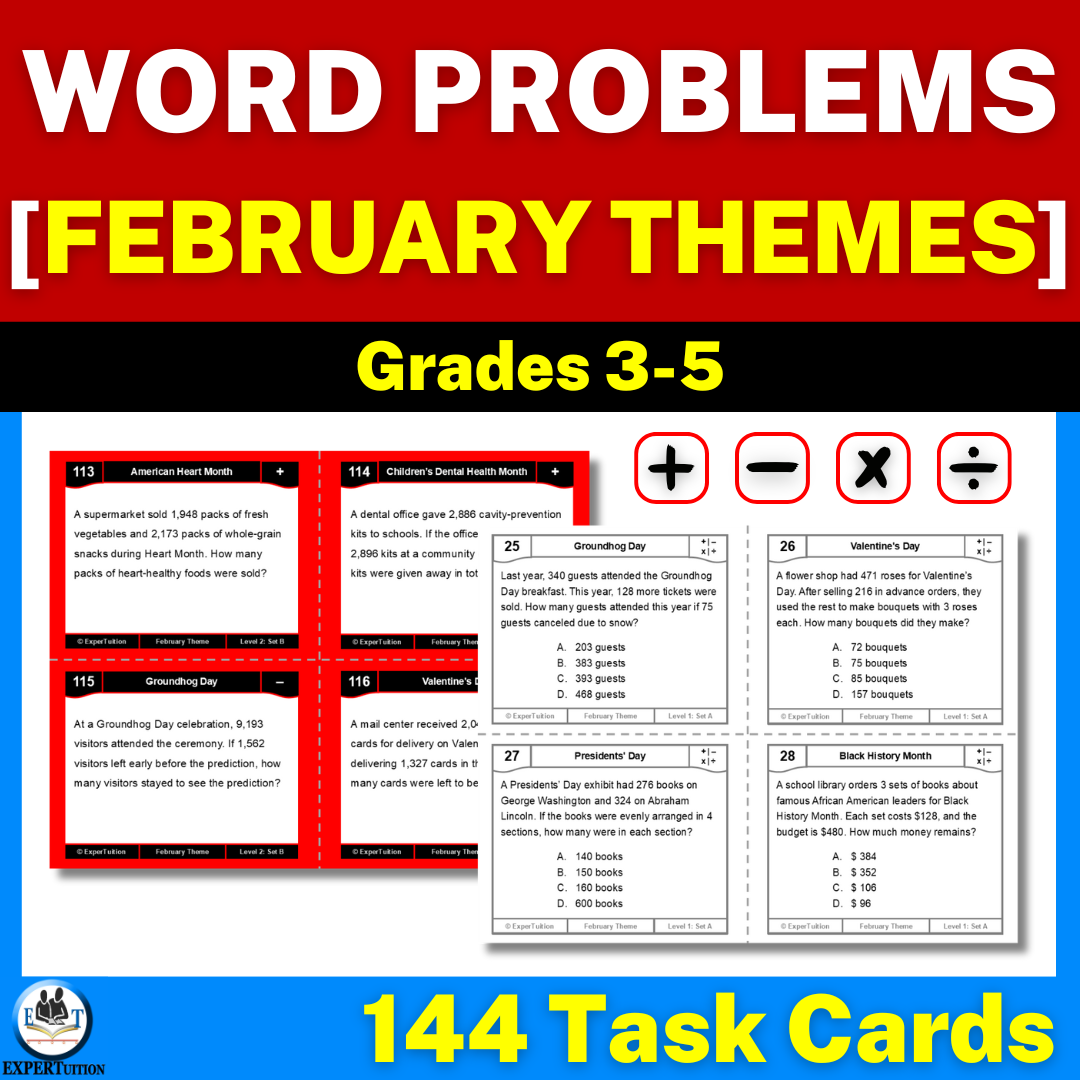 one-step and multi-step word problems all operations with February themes task cards