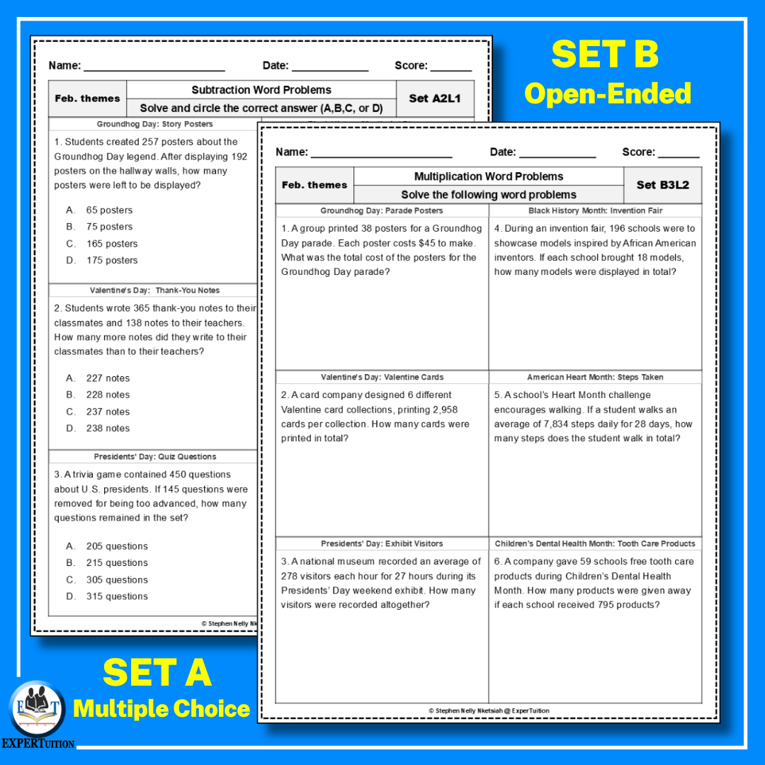 one-step and multi-step word problems all operations worksheets with February themes