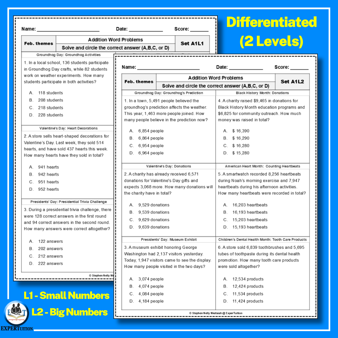 one-step and multi-step word problems all operations worksheets with February themes