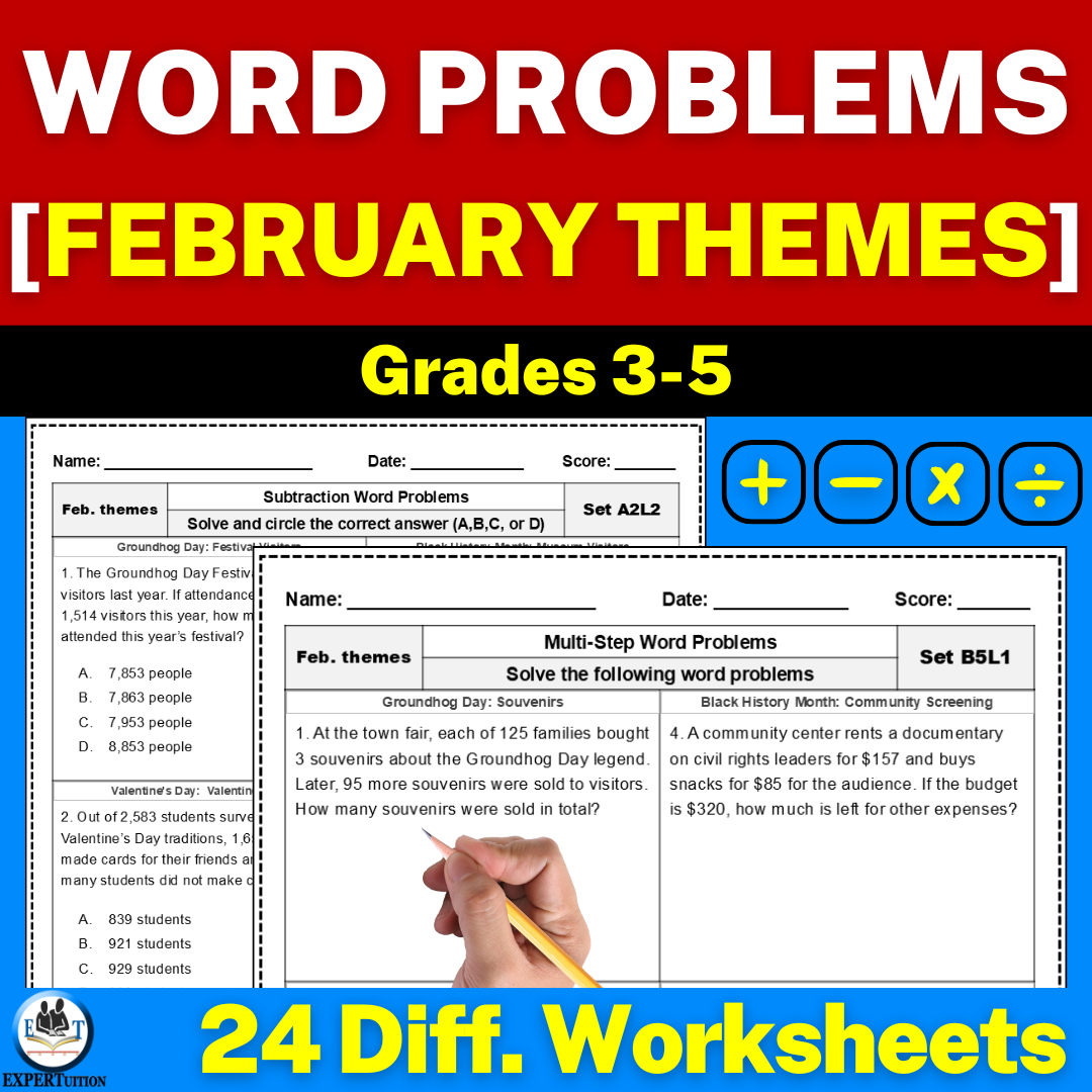 one-step and multi-step word problems all operations worksheets with February themes