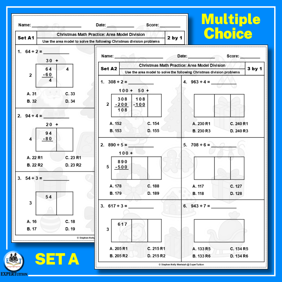 Christmas Area Model Division Worksheets 4th Grade - 1 digit divisors