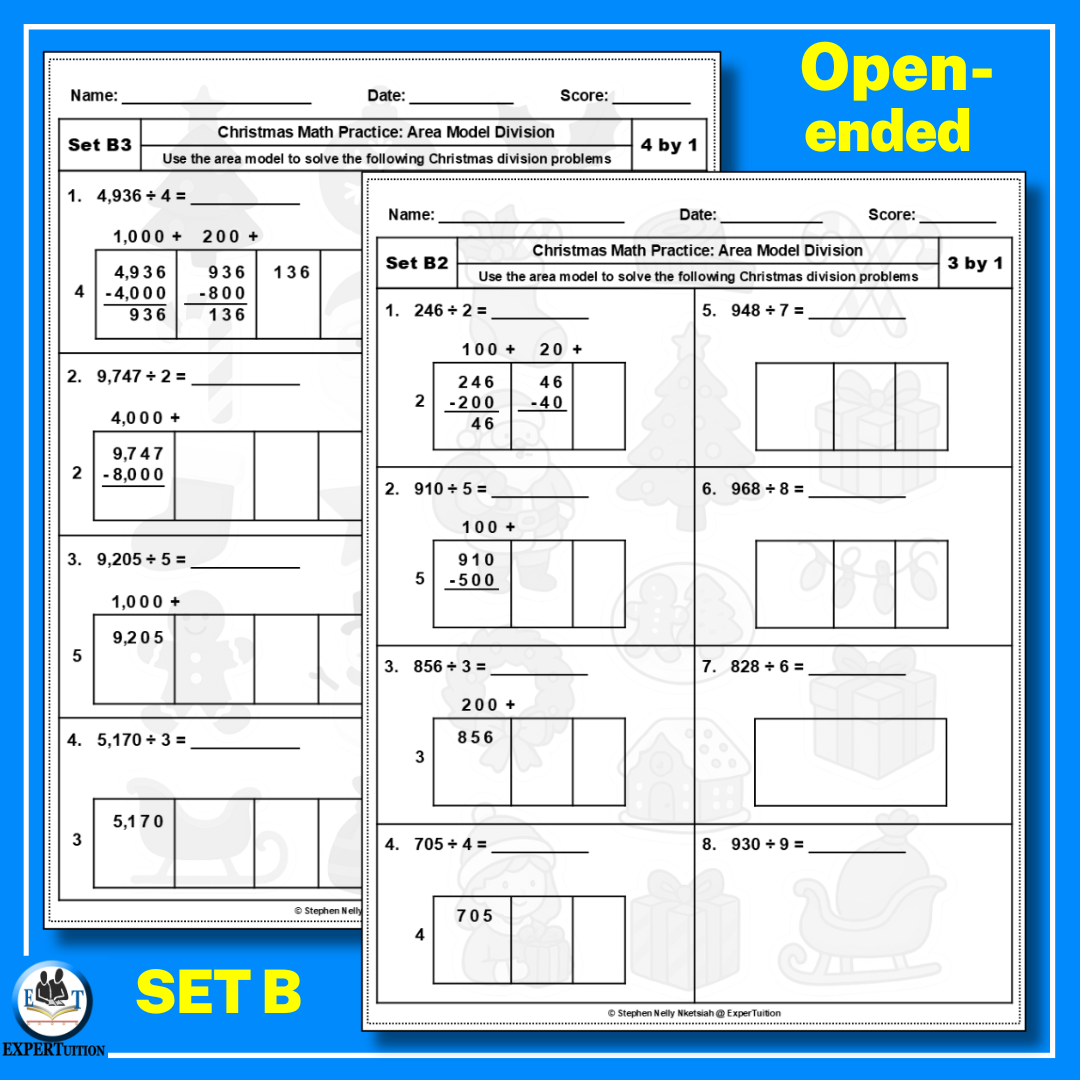 Christmas Area Model Division Worksheets 4th Grade - 1 digit divisors