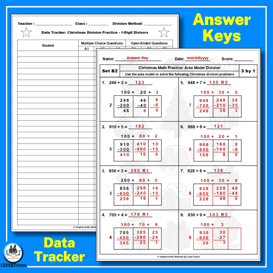 Christmas Area Model Division Worksheets 4th Grade - 1 digit divisors