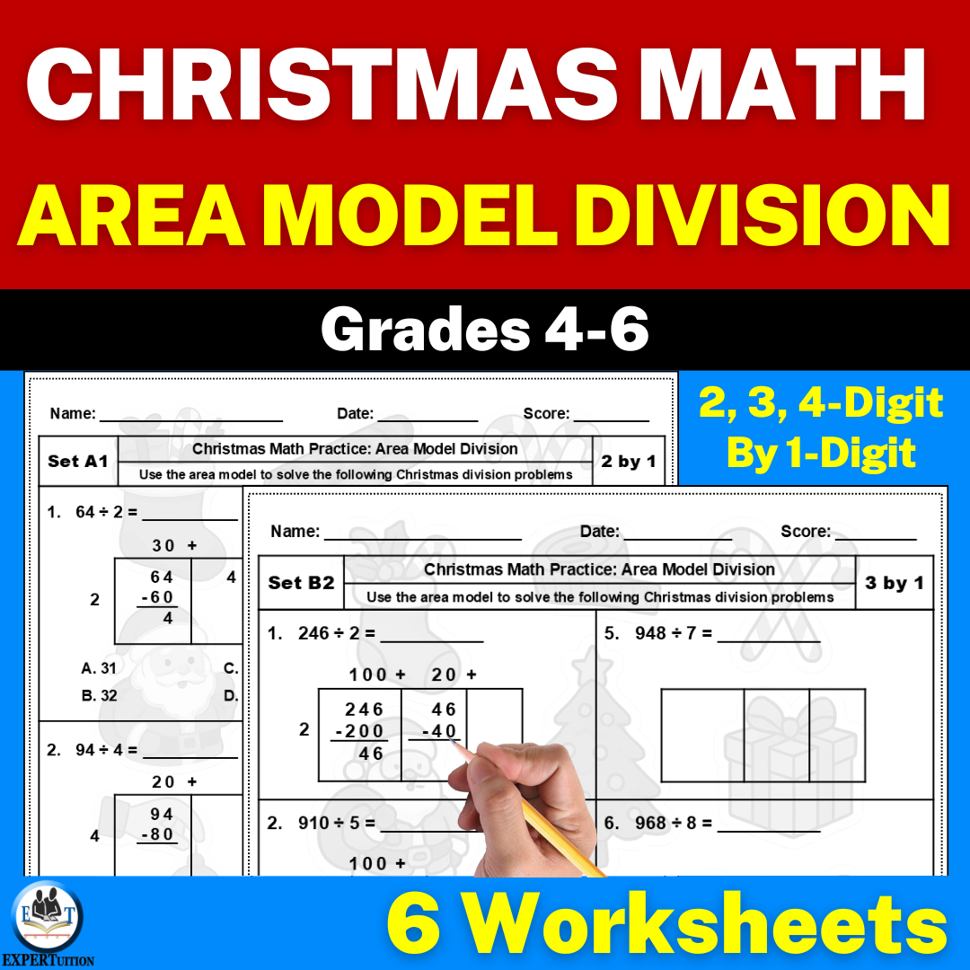 Christmas Area Model Division Worksheets 4th Grade - 1 digit divisors