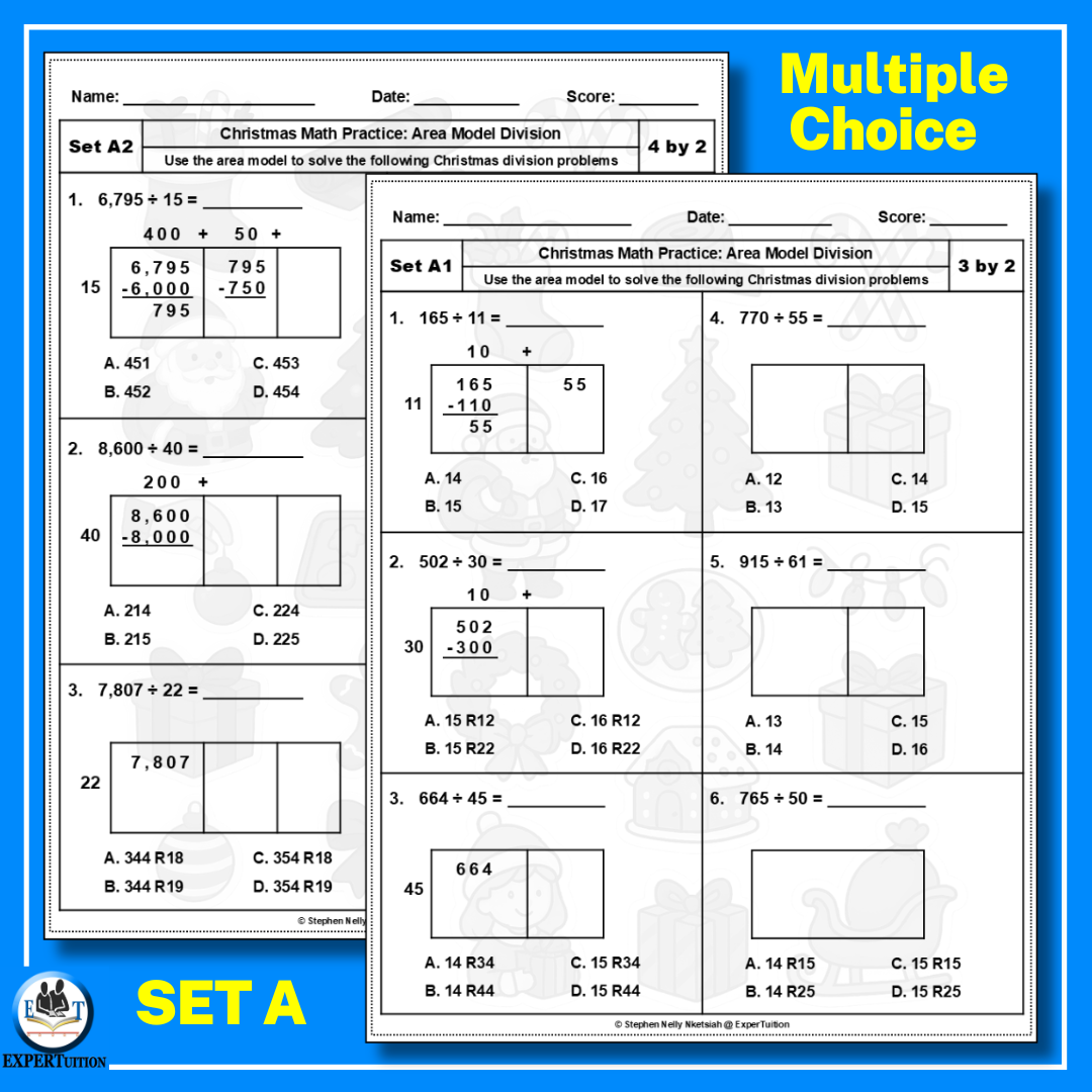 Christmas Area Model Division Worksheets 5th Grade - 2 digit divisors