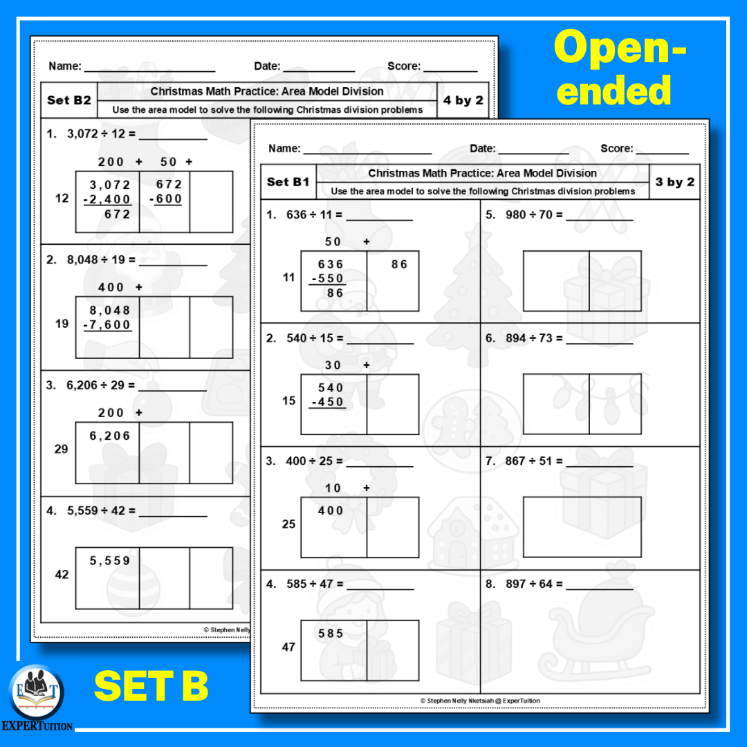 Christmas Area Model Division Worksheets 5th Grade - 2 digit divisors