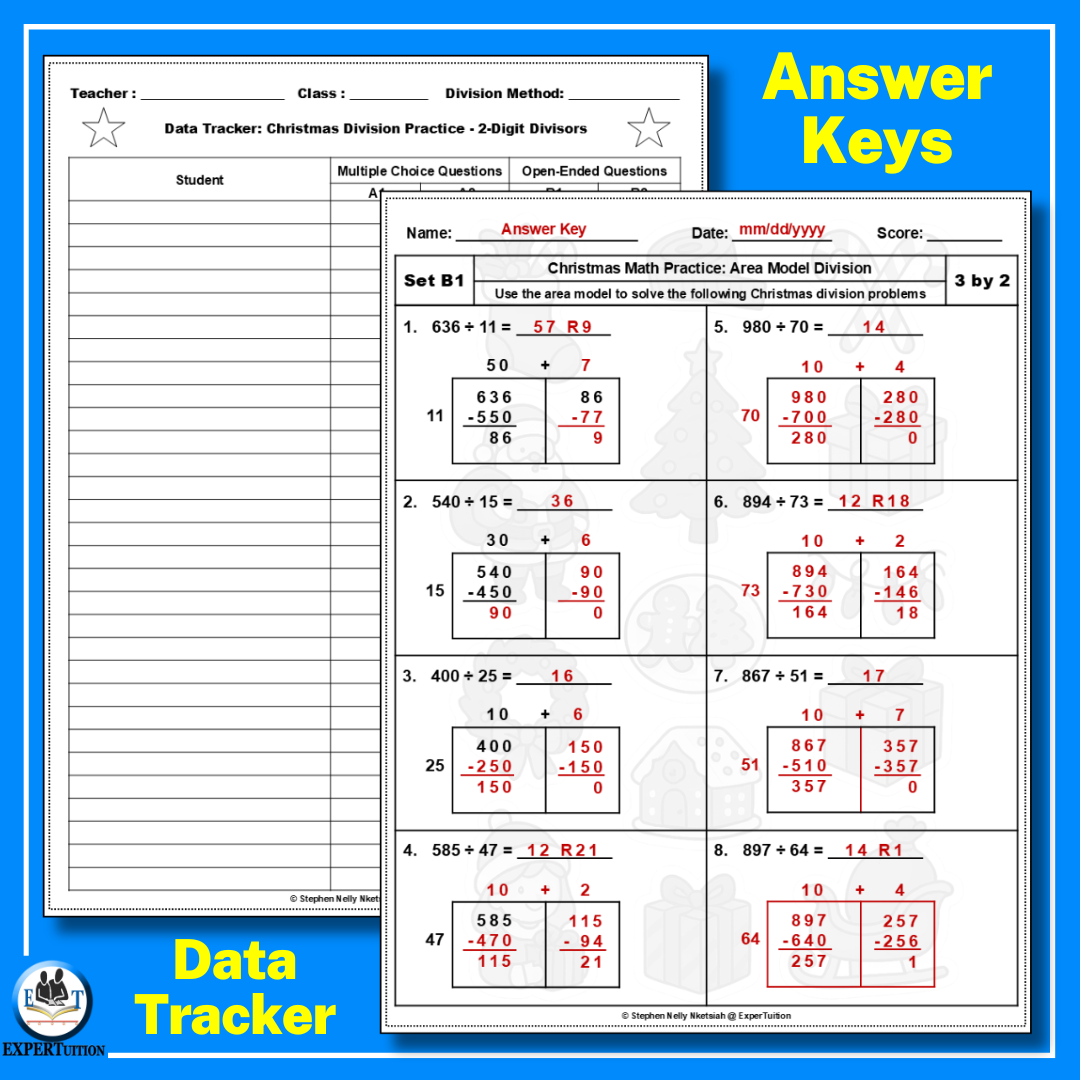 Christmas Area Model Division Worksheets 5th Grade - 2 digit divisors