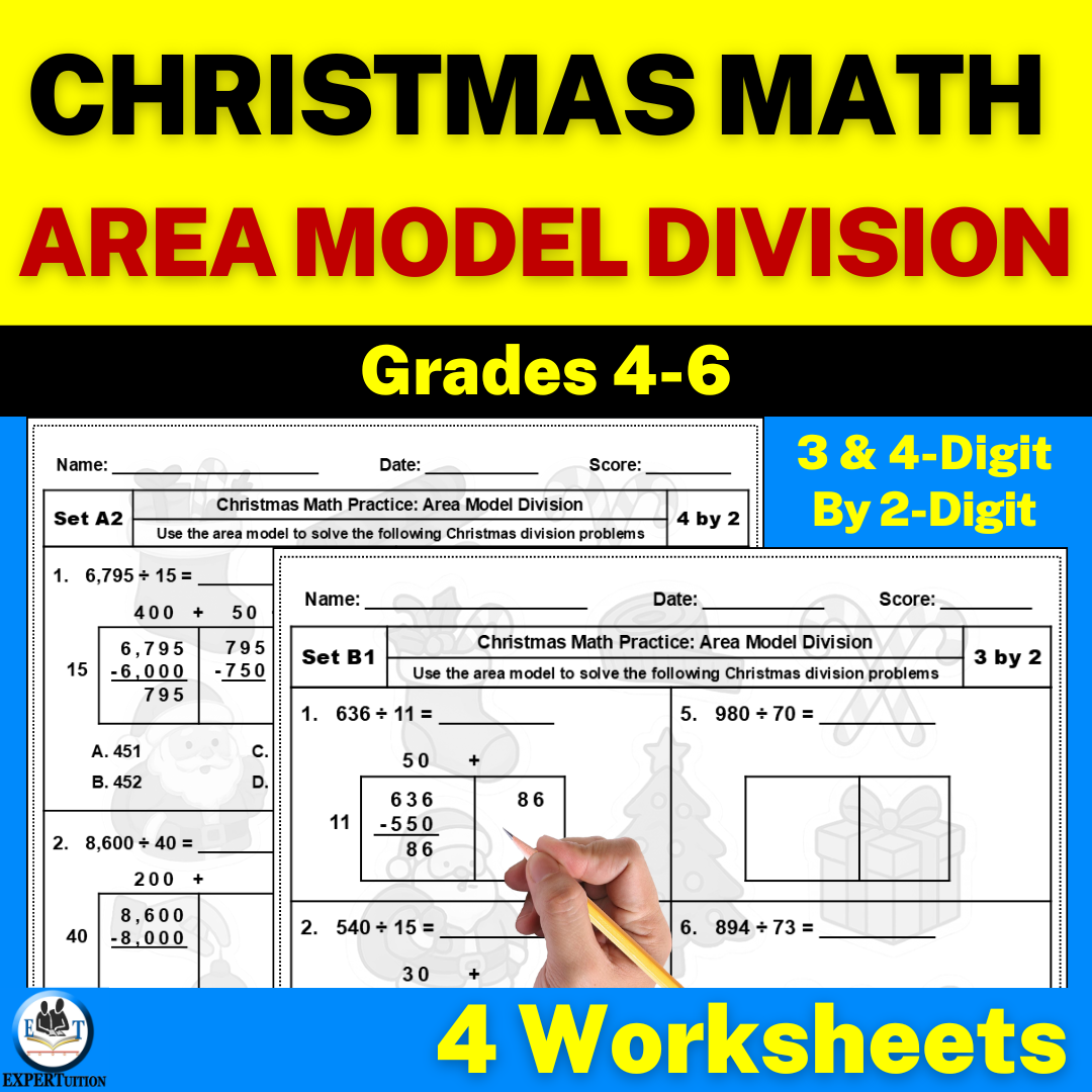 Christmas Area Model Division Worksheets 5th Grade - 2 digit divisors