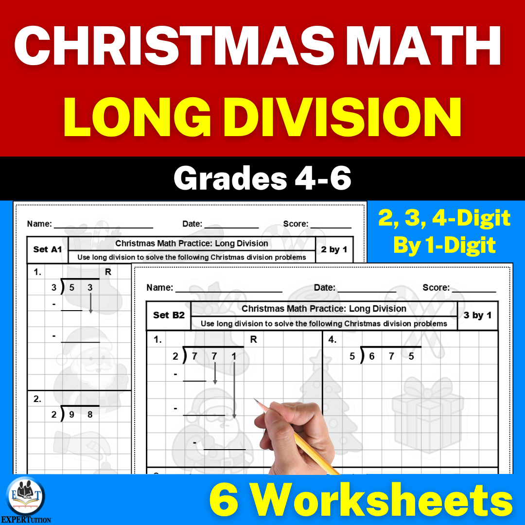 Christmas Long Division Worksheets 4th 5th 6th Grade - 1 digit divisors