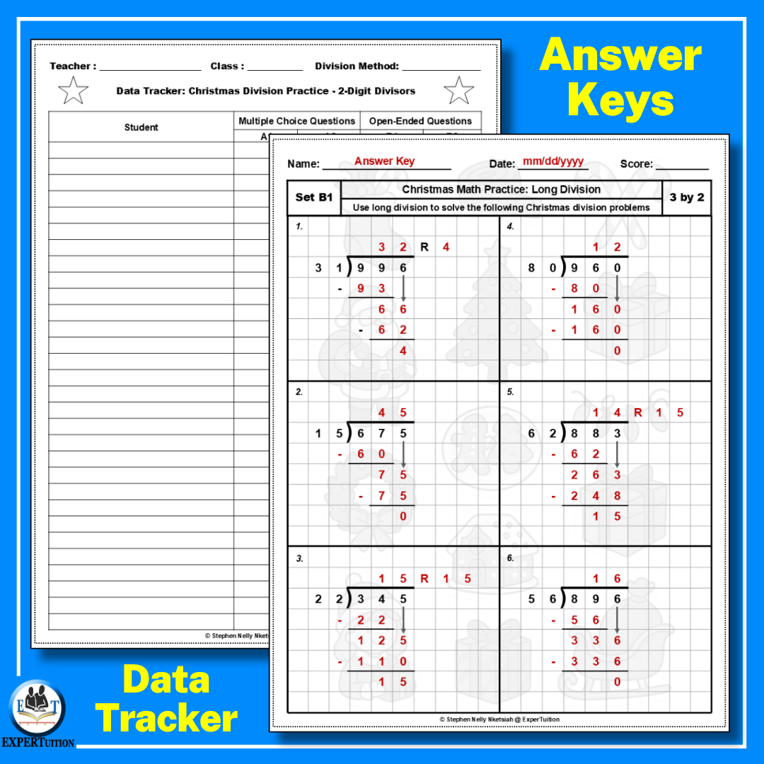 Christmas Long Division Worksheets 5th 6th Grade - 2 digit divisors