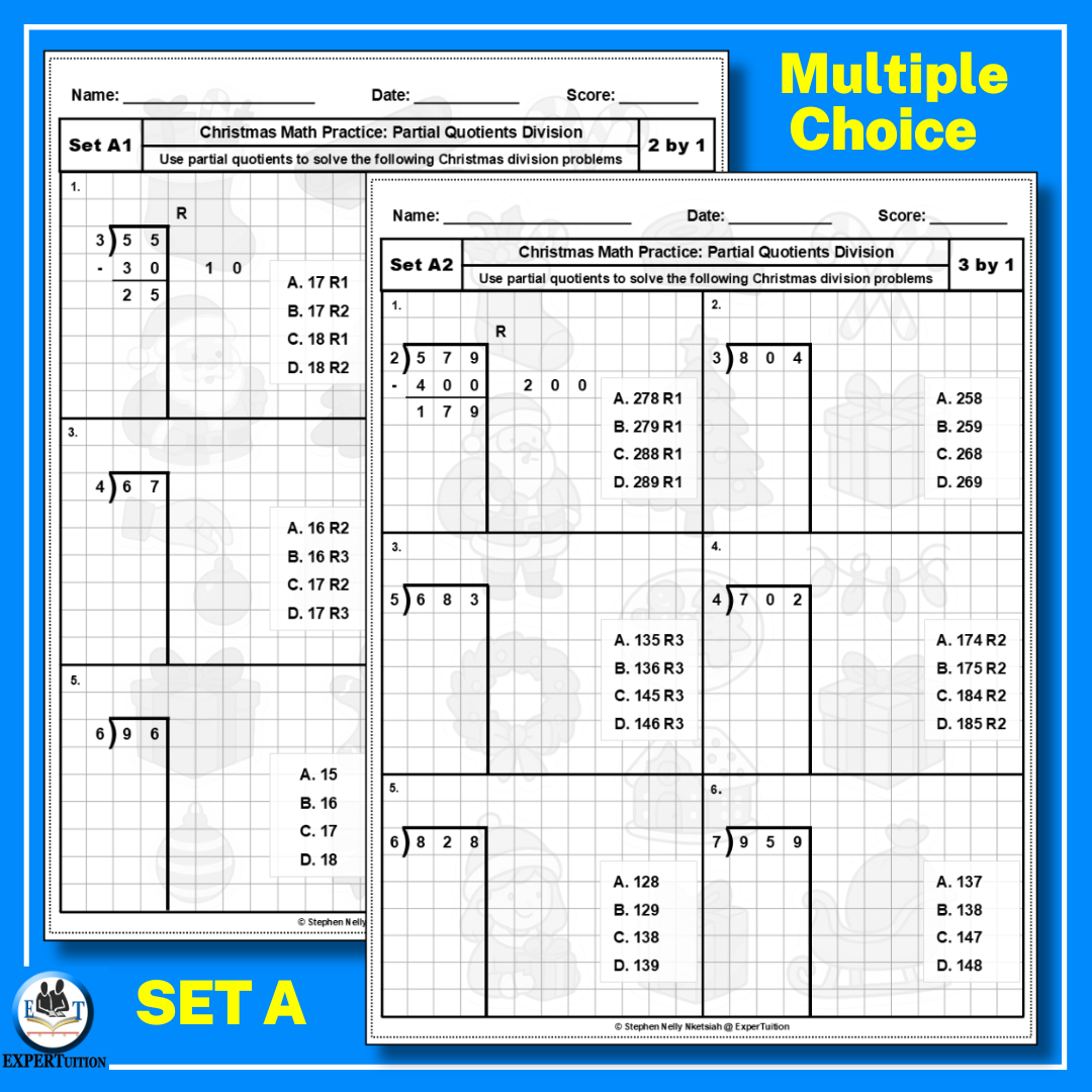 Christmas Partial Quotients Division Worksheets - 1 digit divisors
