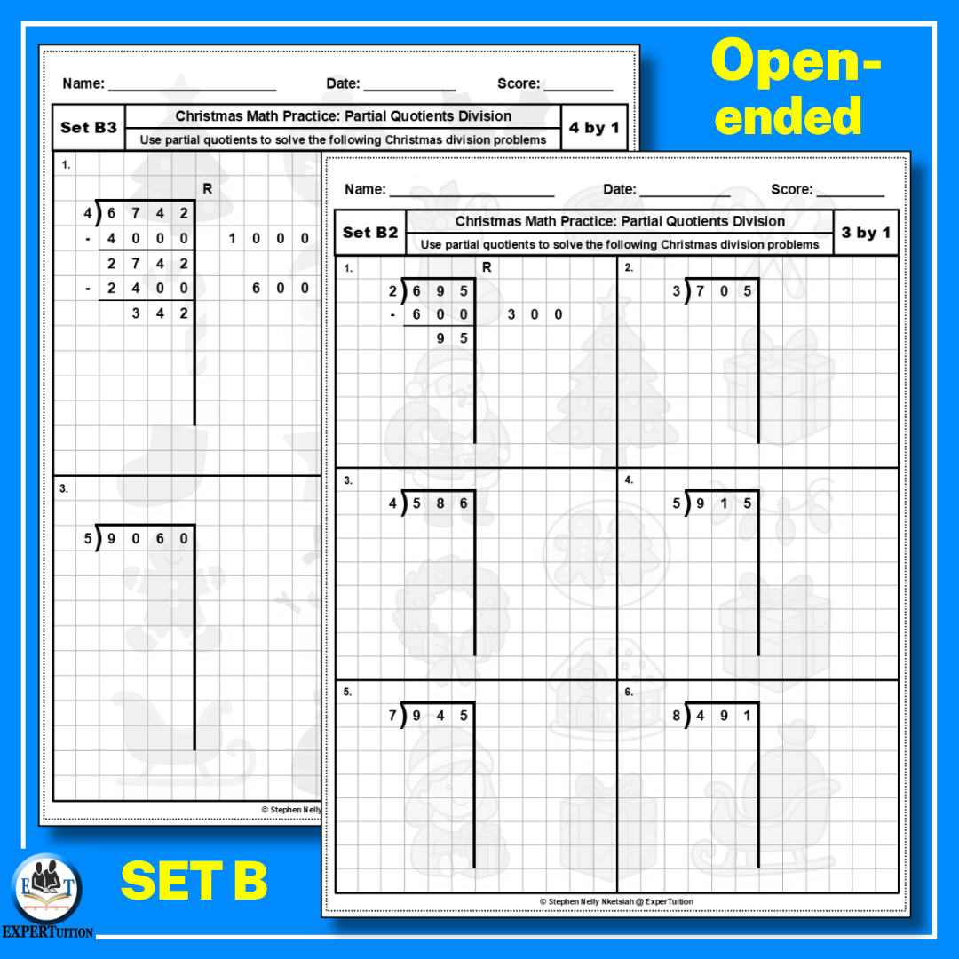 Christmas Partial Quotients Division Worksheets - 1 digit divisors
