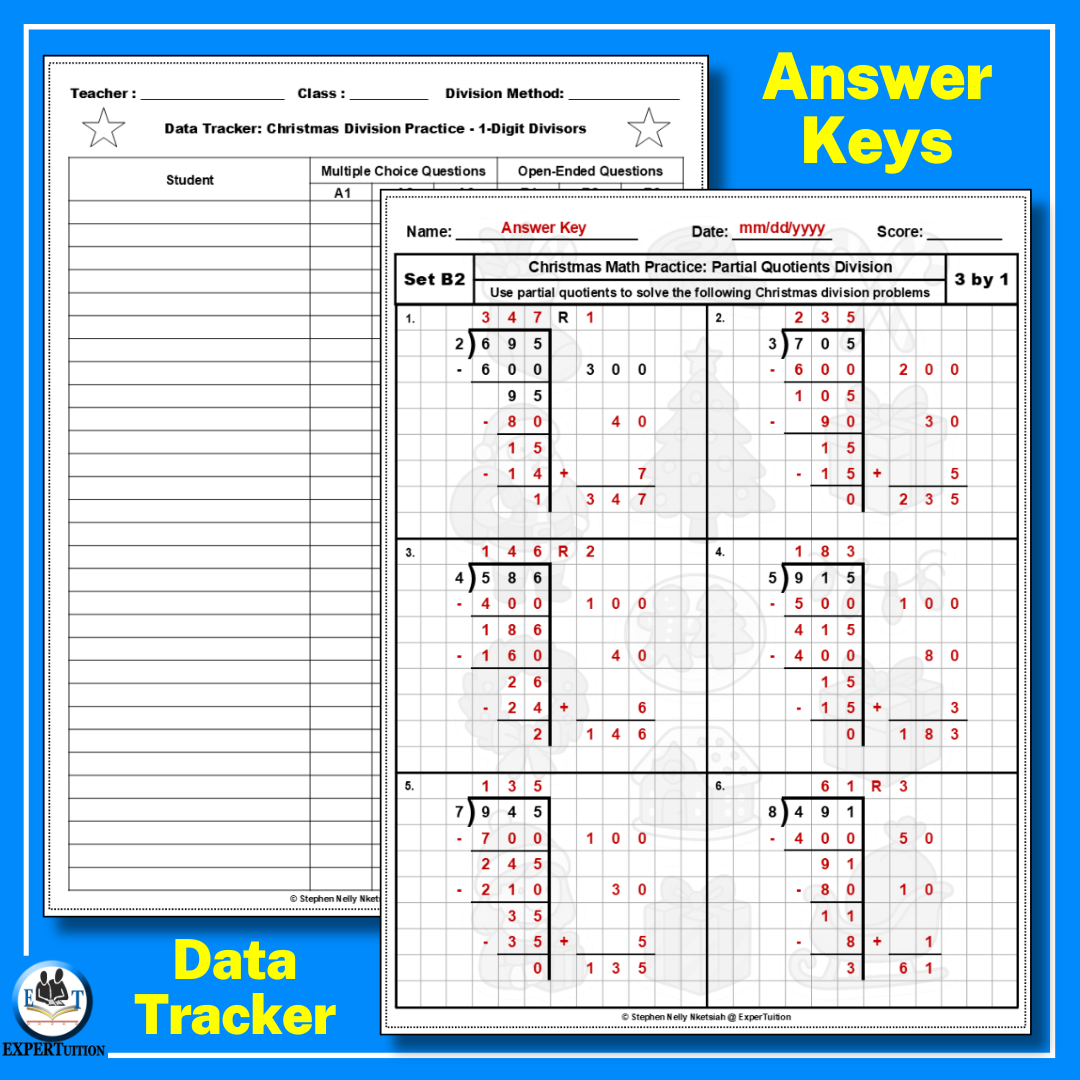 Christmas Partial Quotients Division Worksheets - 1 digit divisors