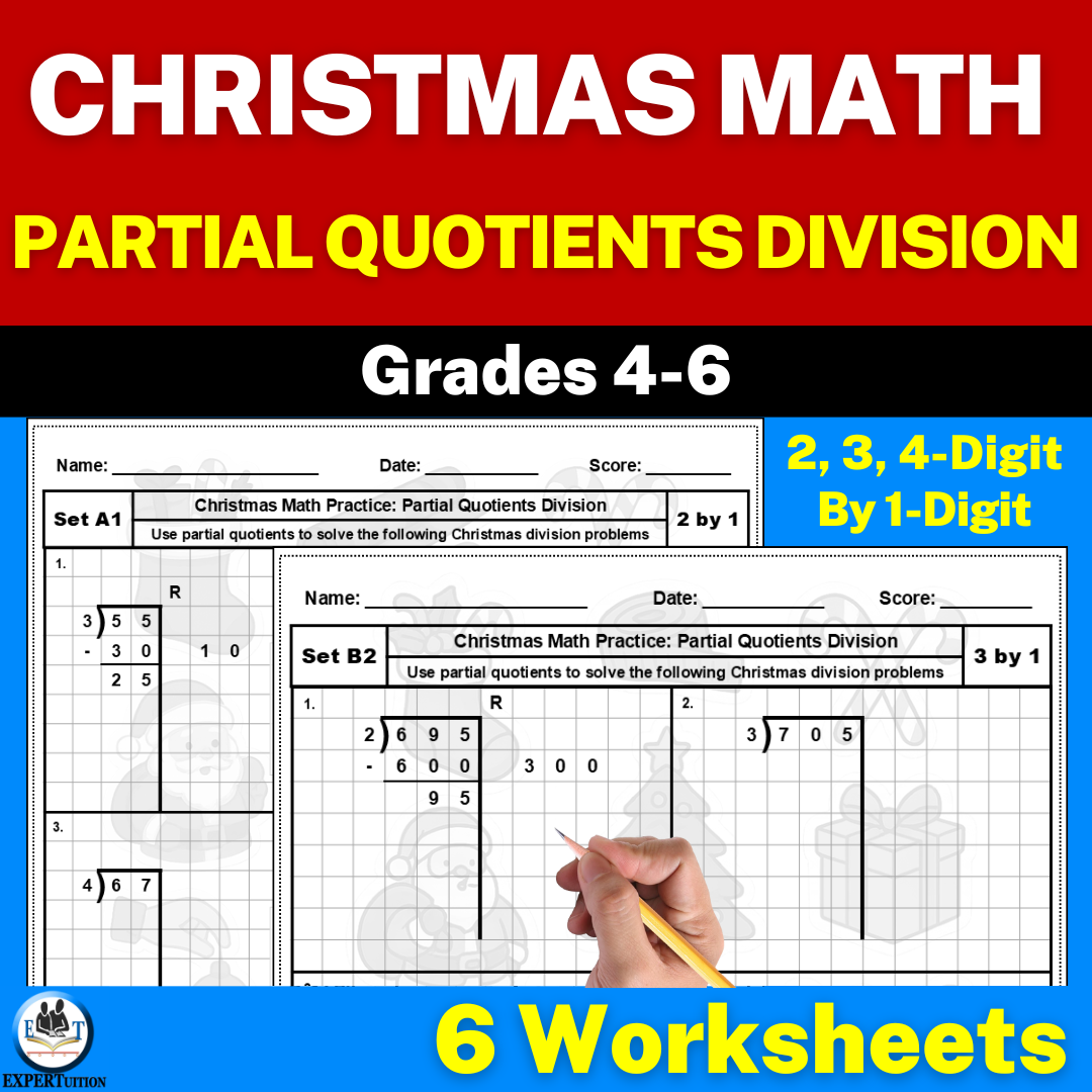 Christmas Partial Quotients Division Worksheets - 1 digit divisors