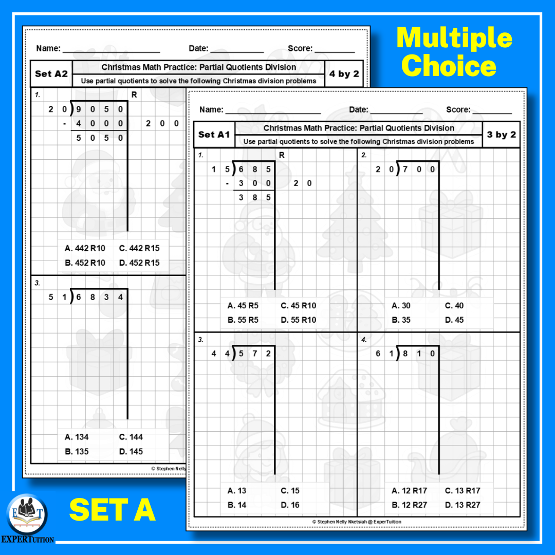 Christmas Partial Quotients Division Worksheets - 2-digit divisors