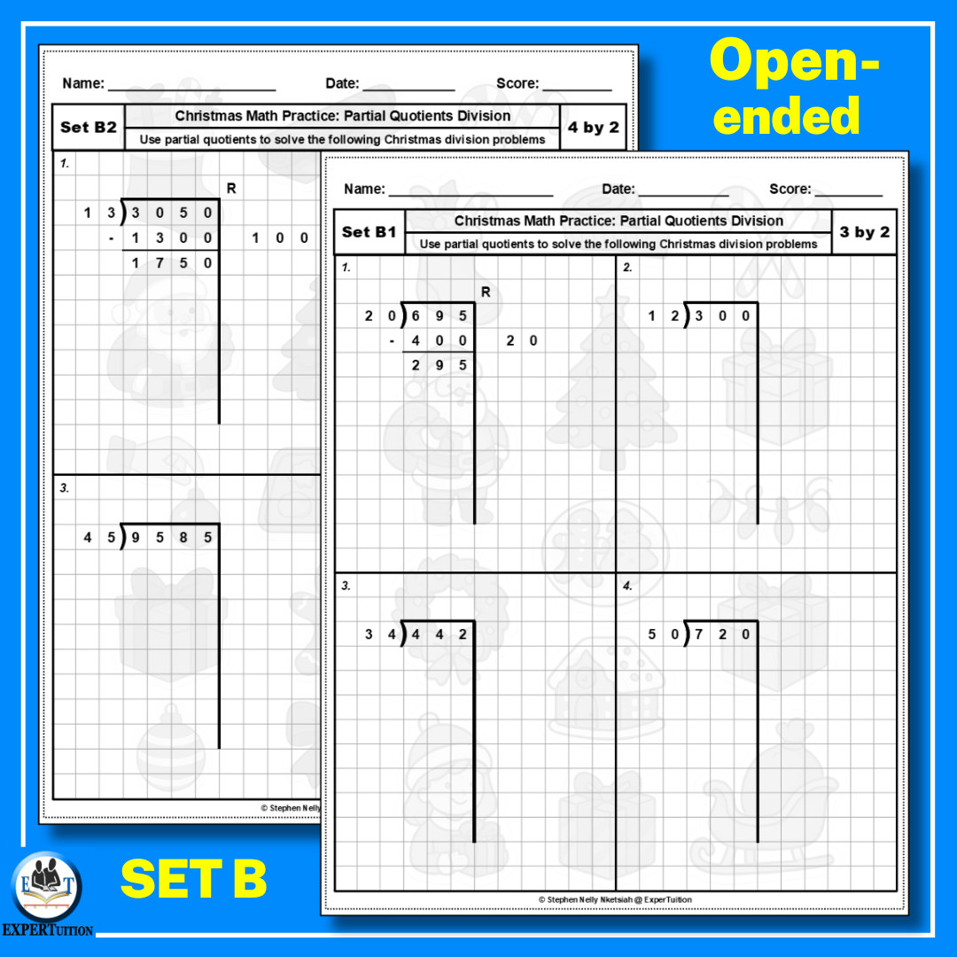 Christmas Partial Quotients Division Worksheets - 2-digit divisors