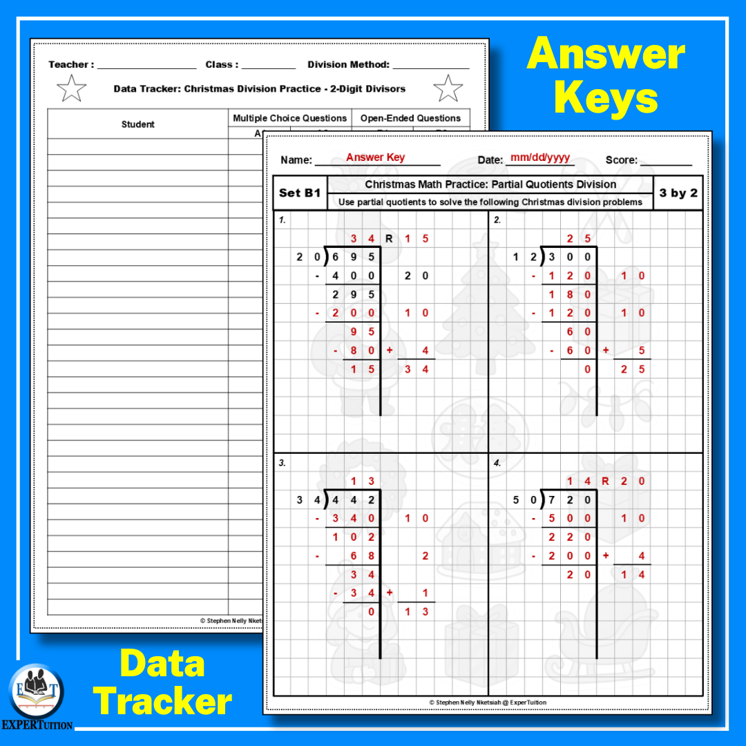 Christmas Partial Quotients Division Worksheets - 2-digit divisors