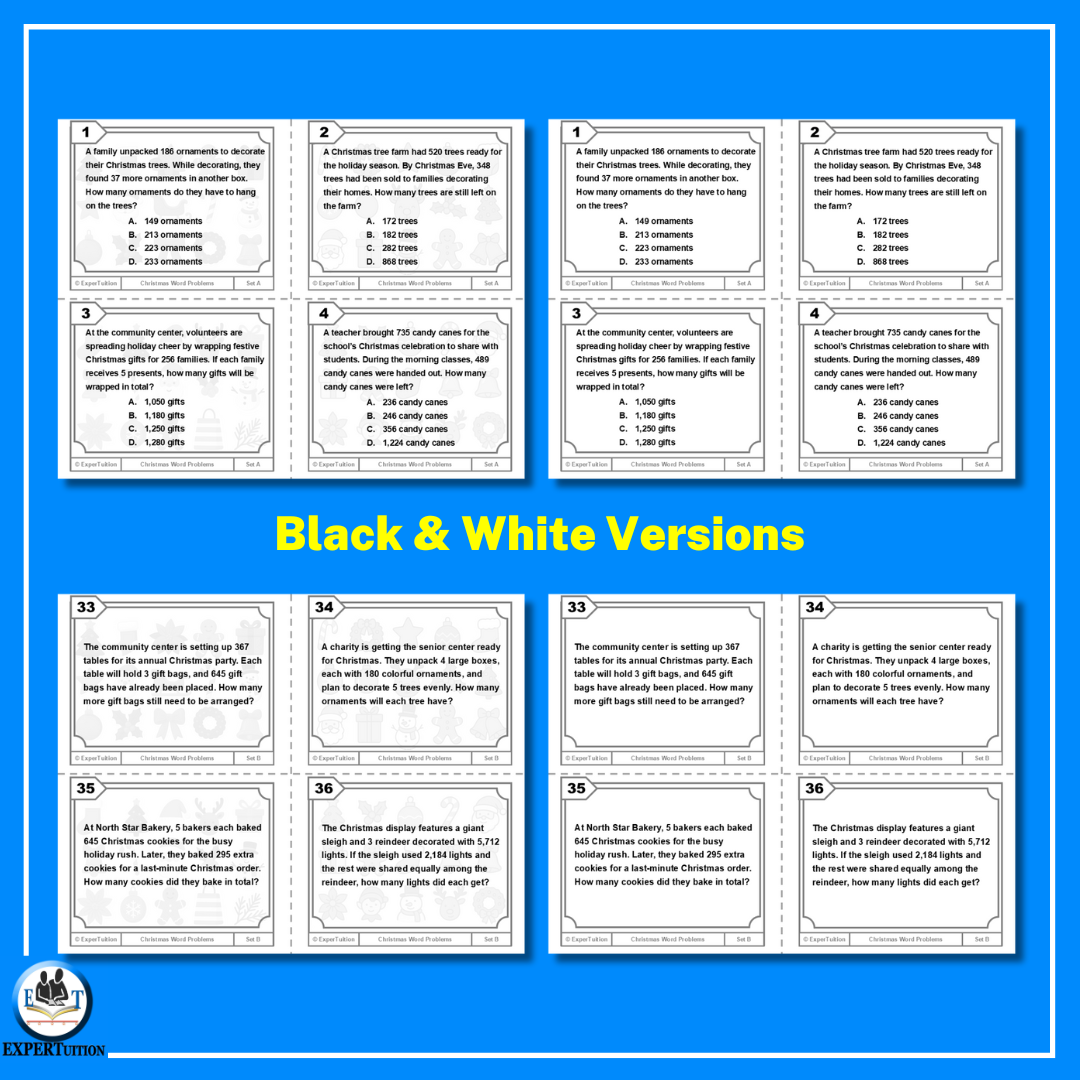 Christmas one-step and multi-step word problems task cards.