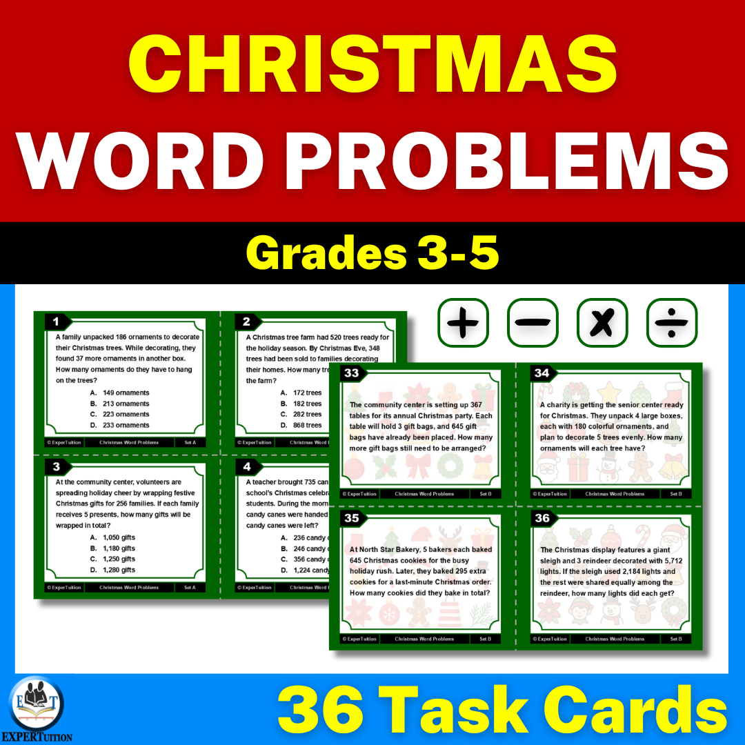 Christmas one-step and multi-step word problems task cards.