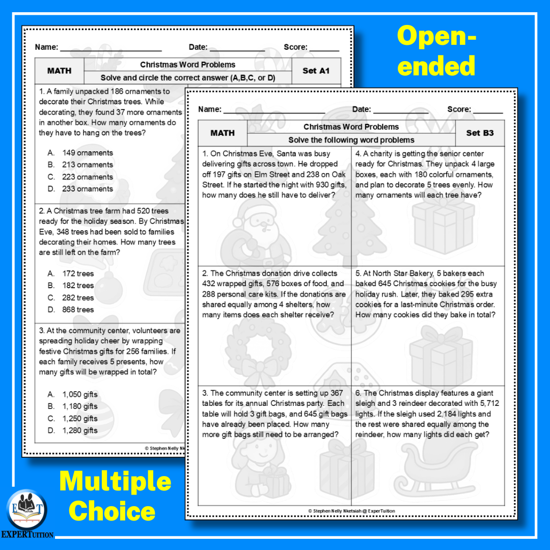 Christmas one-step and multi-step word problems worksheets.