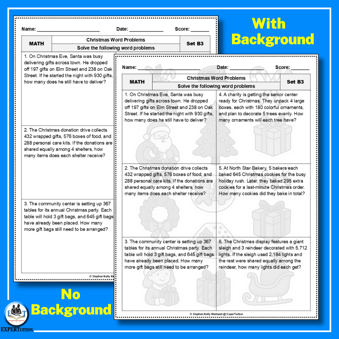 Christmas one-step and multi-step word problems worksheets.