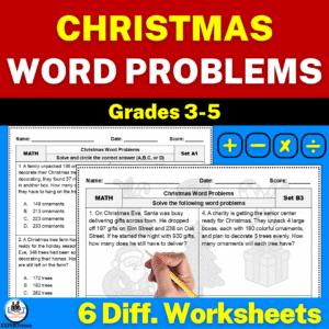 Christmas one-step and multi-step word problems worksheets.