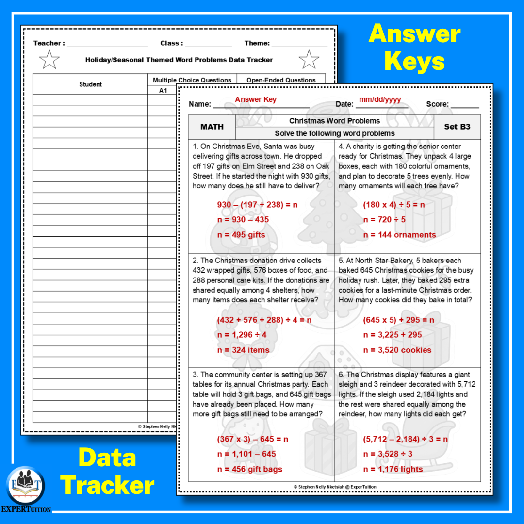Christmas one-step and multi-step word problems worksheets.