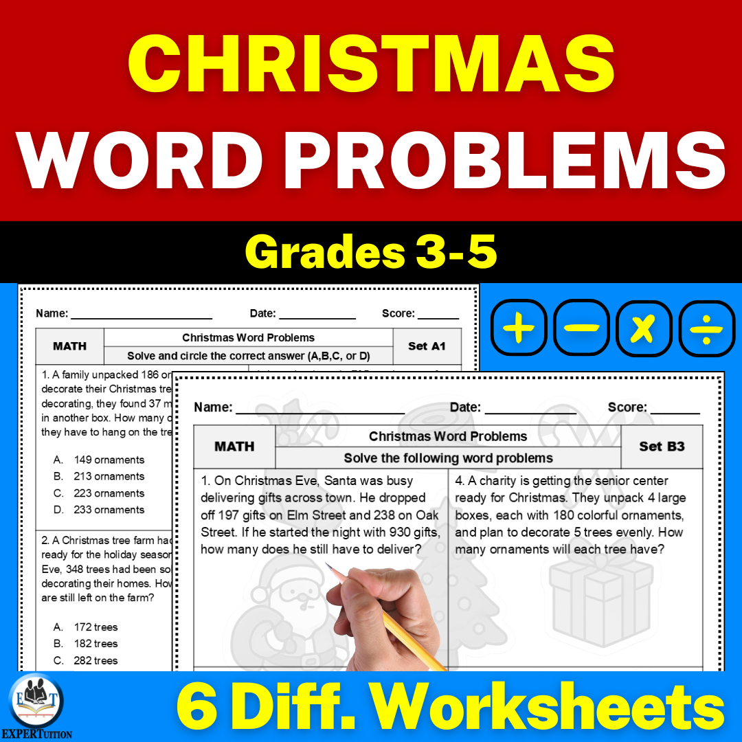 Christmas one-step and multi-step word problems worksheets.