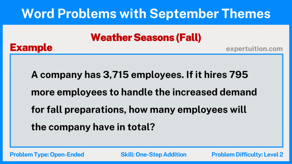 one-step addition word problems 3rd 4th 5th grade with Weather Seasons (Fall) theme for September