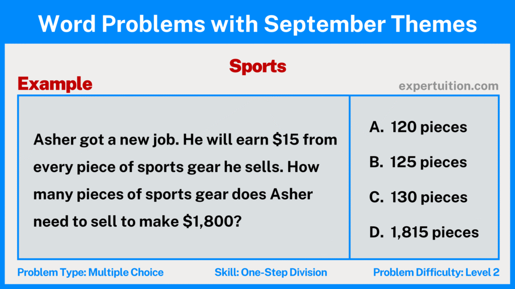 one-step division word problems 3rd 4th 5th grade with Sports theme for September