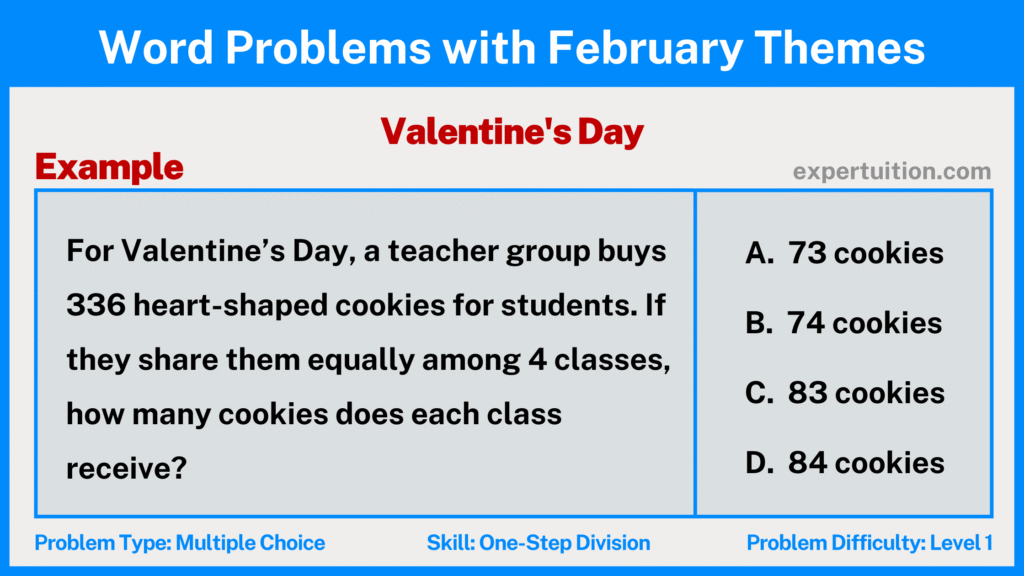 one-step division word problems 3rd 4th 5th grade with Valentine's Day theme for February